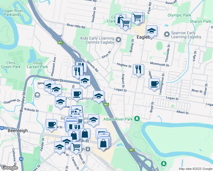 map of restaurants, bars, coffee shops, grocery stores, and more near 131 Logan Street in Eagleby