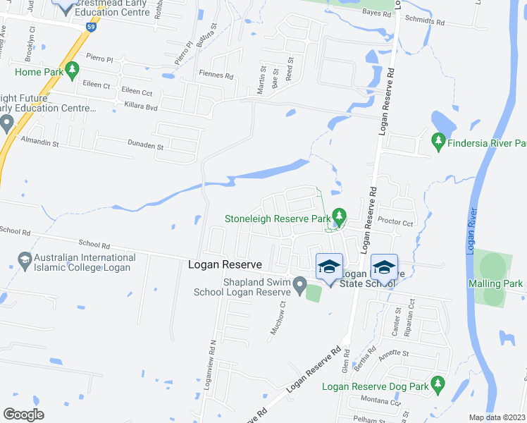 map of restaurants, bars, coffee shops, grocery stores, and more near 65 Copal Drive in Logan Reserve