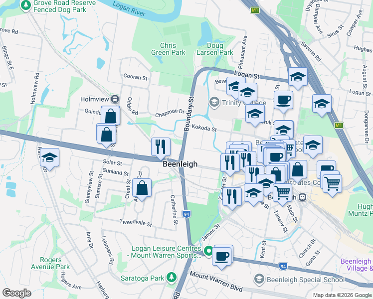 map of restaurants, bars, coffee shops, grocery stores, and more near 86 Boundary Street in Beenleigh