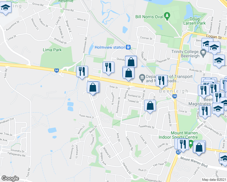 map of restaurants, bars, coffee shops, grocery stores, and more near 4 Keystone Street in Beenleigh