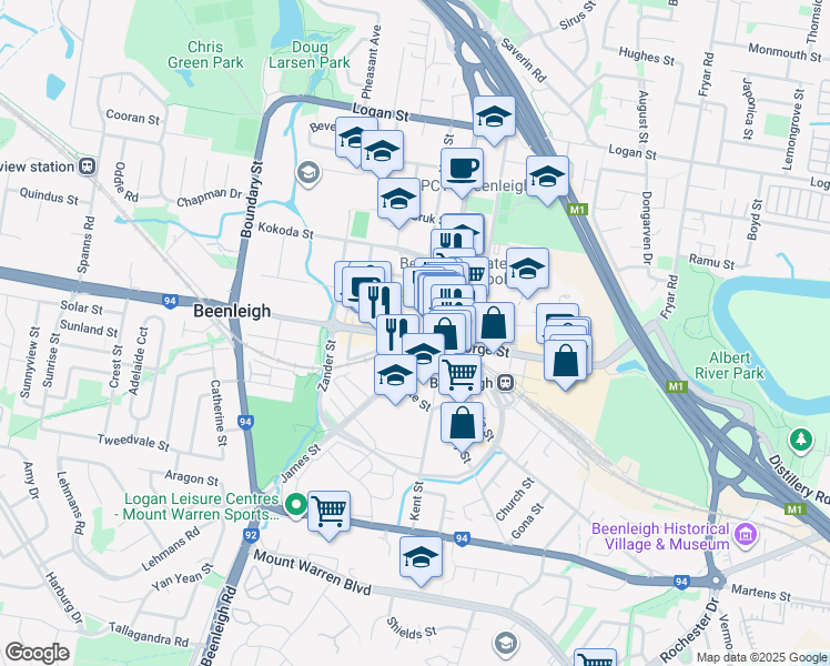map of restaurants, bars, coffee shops, grocery stores, and more near George Street in Beenleigh