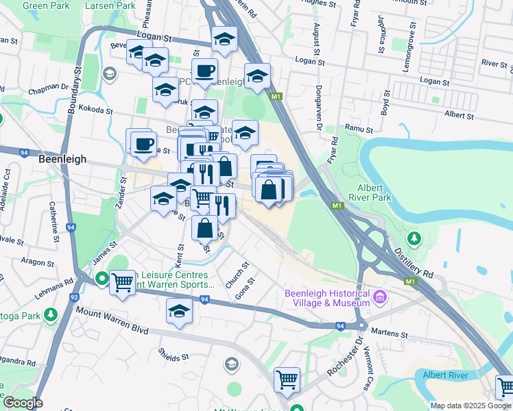 map of restaurants, bars, coffee shops, grocery stores, and more near George Street in Beenleigh