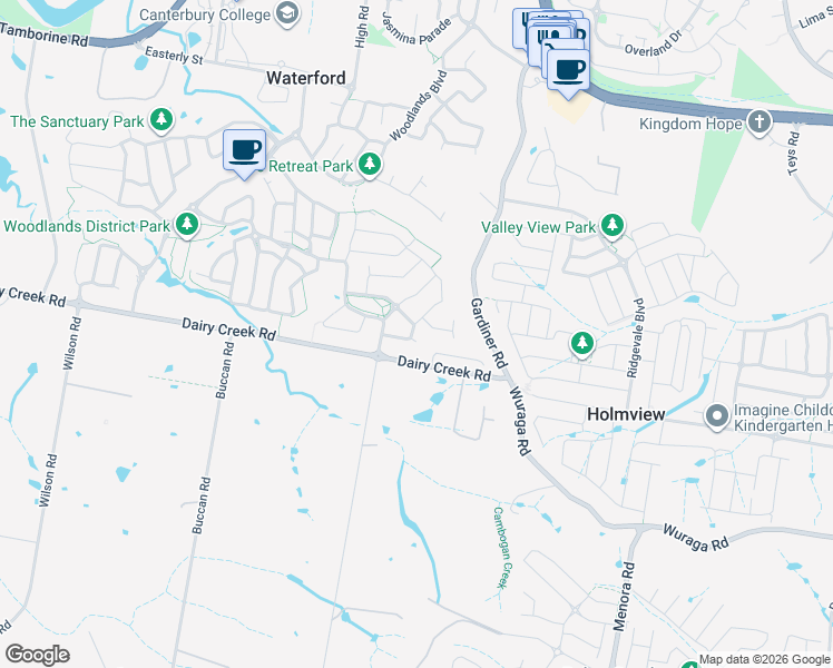 map of restaurants, bars, coffee shops, grocery stores, and more near 17 Wollumbin Crescent in Waterford