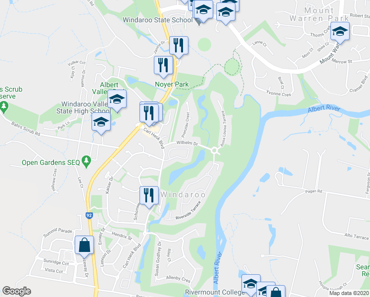 map of restaurants, bars, coffee shops, grocery stores, and more near Long Island Drive in Windaroo