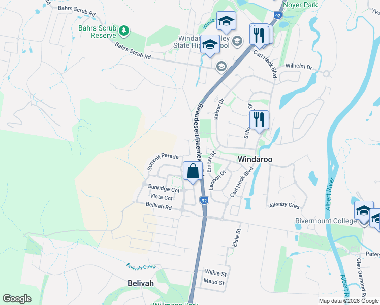 map of restaurants, bars, coffee shops, grocery stores, and more near Highvale Court in Bahrs Scrub