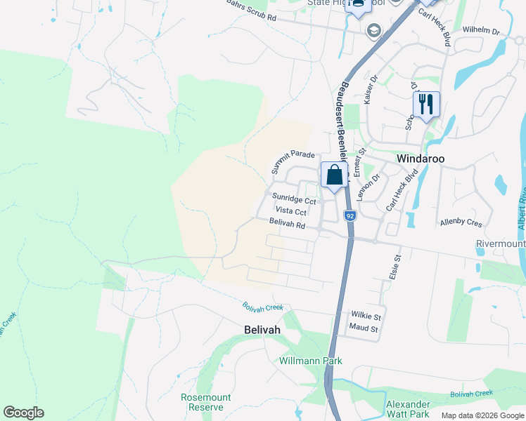 map of restaurants, bars, coffee shops, grocery stores, and more near 50 Sunridge Circuit in Bahrs Scrub