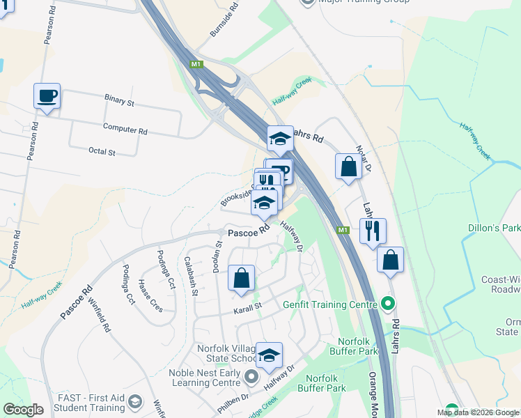 map of restaurants, bars, coffee shops, grocery stores, and more near 95 Brookside Circuit in Ormeau