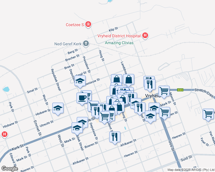 map of restaurants, bars, coffee shops, grocery stores, and more near 185 Hlobane Street in Vryheid
