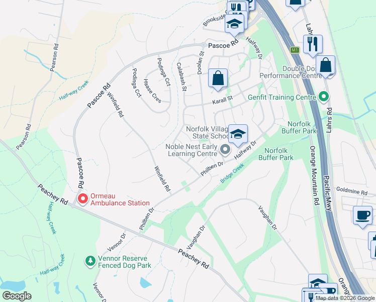 map of restaurants, bars, coffee shops, grocery stores, and more near 16 Albizia Court in Ormeau