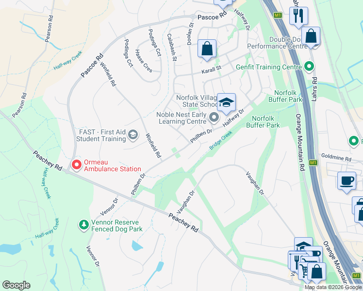 map of restaurants, bars, coffee shops, grocery stores, and more near 34 Philben Drive in Ormeau