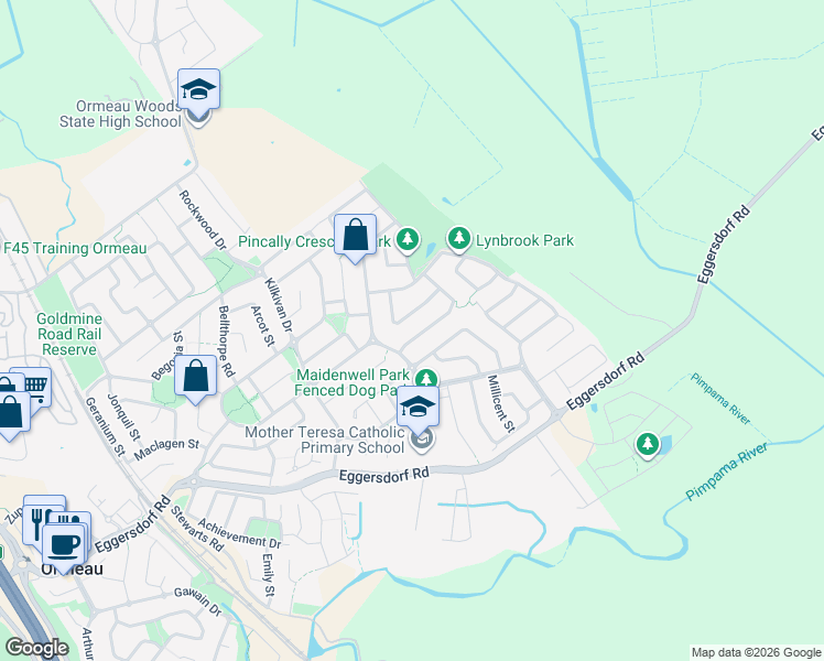 map of restaurants, bars, coffee shops, grocery stores, and more near 27 Hazelmere Crescent in Ormeau