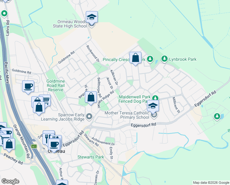 map of restaurants, bars, coffee shops, grocery stores, and more near 23 Jacobs Ridge Road in Ormeau