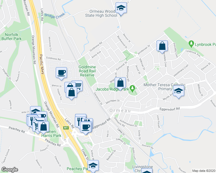 map of restaurants, bars, coffee shops, grocery stores, and more near 15 Begonia Street in Ormeau