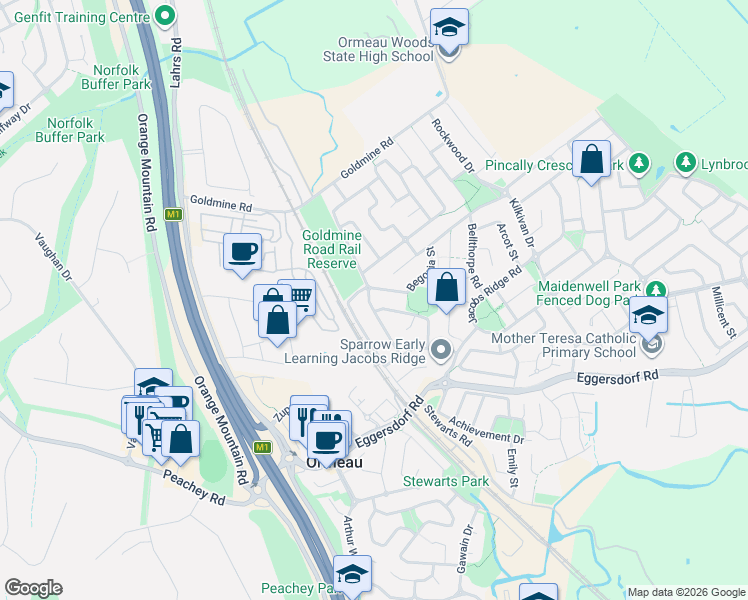 map of restaurants, bars, coffee shops, grocery stores, and more near 46 Jonquil Street in Ormeau