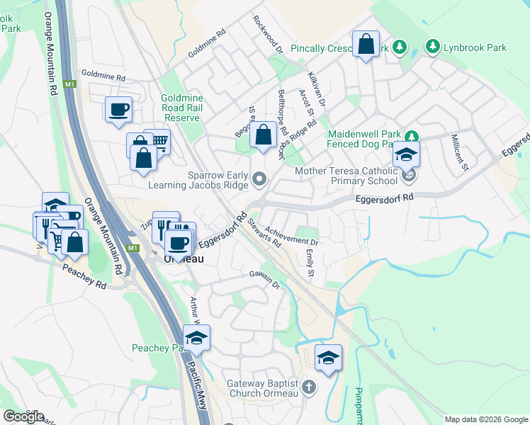 map of restaurants, bars, coffee shops, grocery stores, and more near 4 Achievement Drive in Ormeau