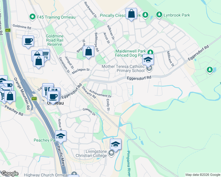 map of restaurants, bars, coffee shops, grocery stores, and more near 20 Ambition Street in Ormeau