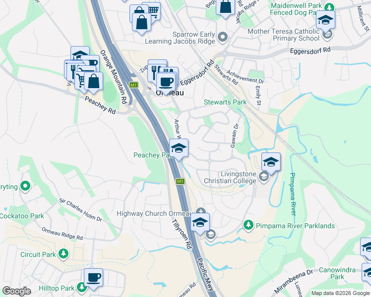 map of restaurants, bars, coffee shops, grocery stores, and more near 42 Arthur Way in Ormeau