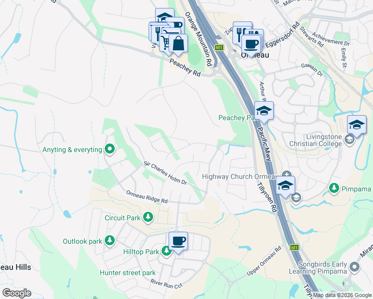 map of restaurants, bars, coffee shops, grocery stores, and more near 22 Johnson Parade in Ormeau Hills