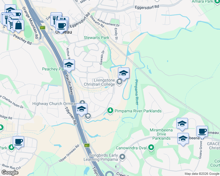 map of restaurants, bars, coffee shops, grocery stores, and more near 19 Peachey Road in Ormeau