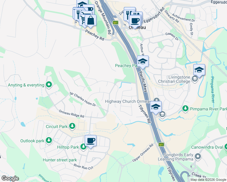 map of restaurants, bars, coffee shops, grocery stores, and more near 24 Ormeau Ridge Road in Ormeau Hills