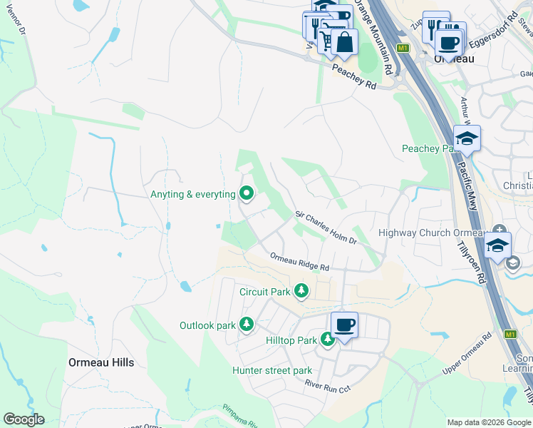 map of restaurants, bars, coffee shops, grocery stores, and more near 2 Byram Court in Ormeau Hills