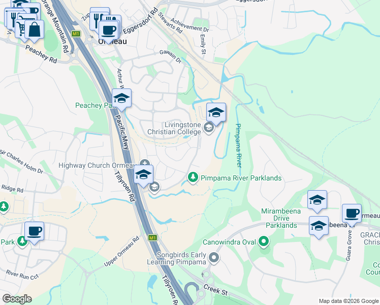map of restaurants, bars, coffee shops, grocery stores, and more near 6 Milly Circuit in Ormeau