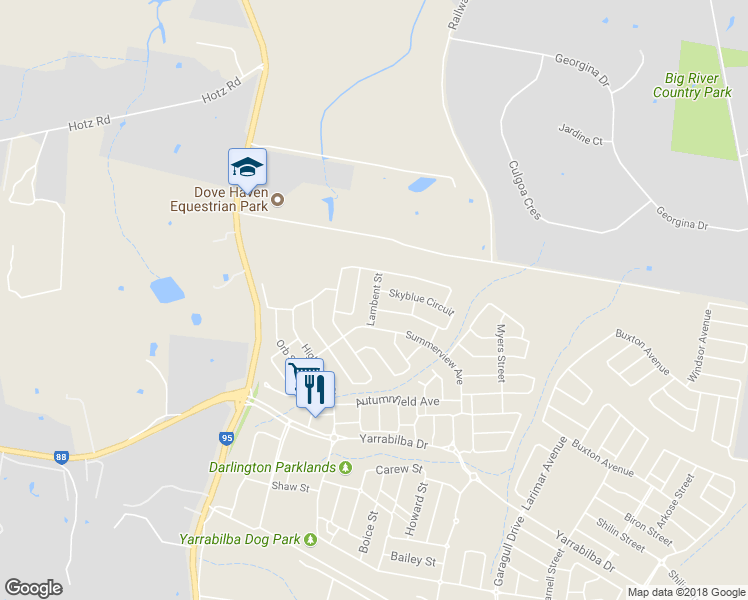 map of restaurants, bars, coffee shops, grocery stores, and more near Lambent Street in Yarrabilba