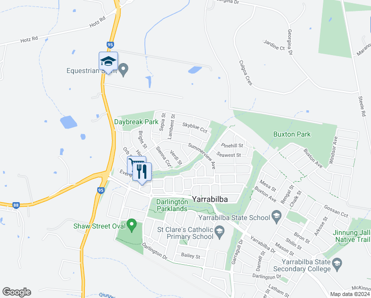 map of restaurants, bars, coffee shops, grocery stores, and more near 6 Verdi Street in Yarrabilba