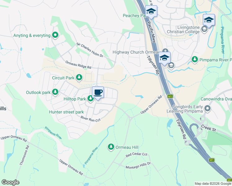 map of restaurants, bars, coffee shops, grocery stores, and more near 18 River Run Circuit in Ormeau Hills