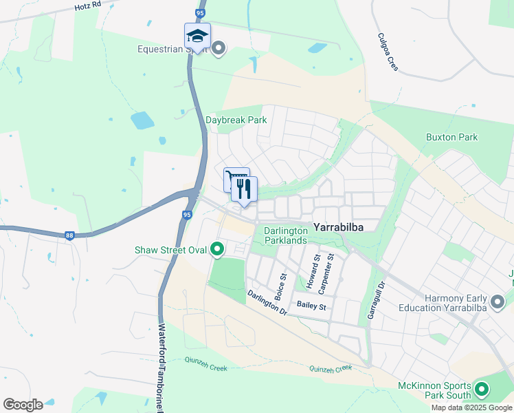 map of restaurants, bars, coffee shops, grocery stores, and more near Highland Street in Yarrabilba