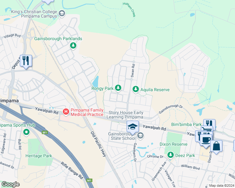 map of restaurants, bars, coffee shops, grocery stores, and more near Moondarra Street in Pimpama