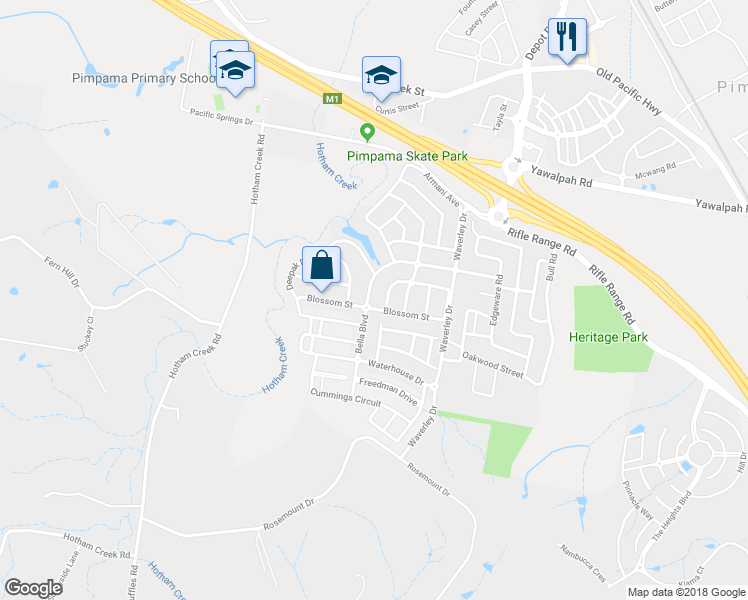 map of restaurants, bars, coffee shops, grocery stores, and more near 36 Bella Boulevard in Pimpama