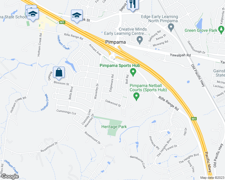 map of restaurants, bars, coffee shops, grocery stores, and more near 58 Edgeware Road in Pimpama