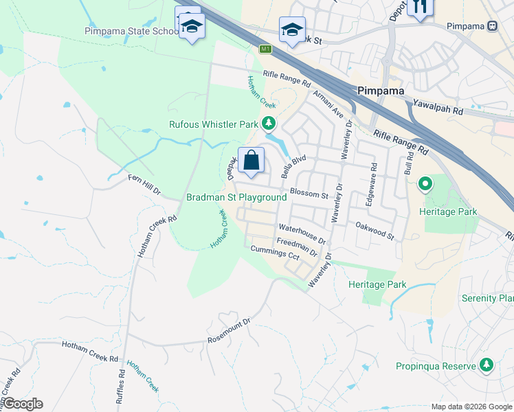 map of restaurants, bars, coffee shops, grocery stores, and more near 15 Denham Circuit in Willow Vale