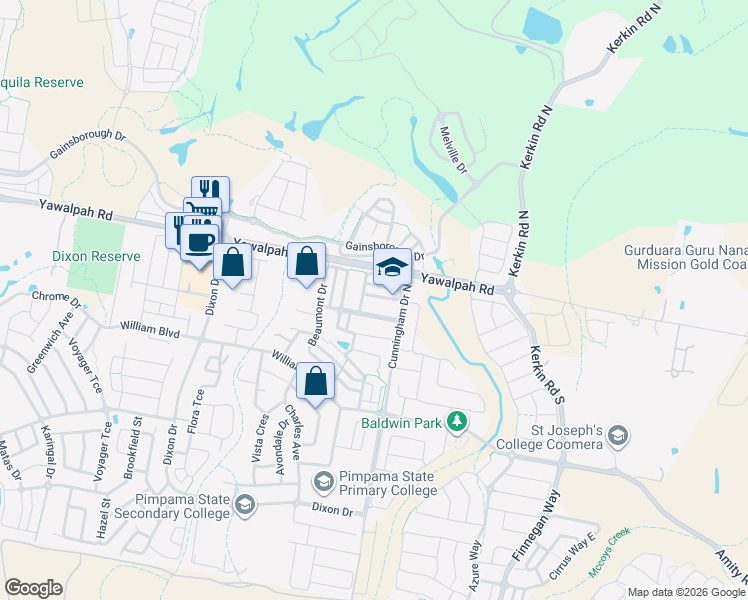 map of restaurants, bars, coffee shops, grocery stores, and more near 42 Collingrove Circuit in Pimpama