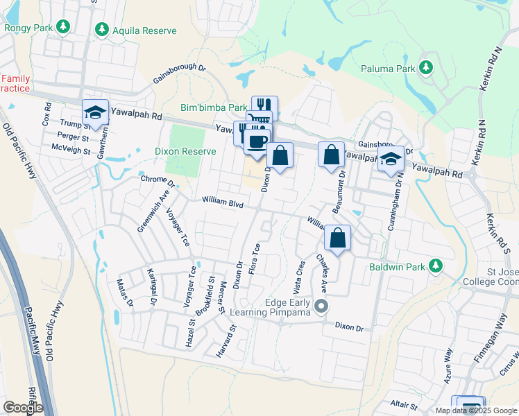map of restaurants, bars, coffee shops, grocery stores, and more near Dixon Drive in Pimpama