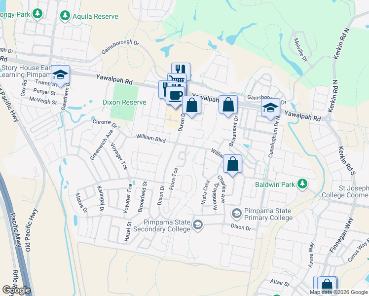 map of restaurants, bars, coffee shops, grocery stores, and more near 74 William Boulevard in Pimpama