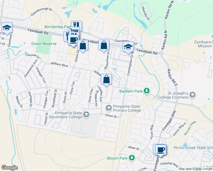 map of restaurants, bars, coffee shops, grocery stores, and more near 16 John Crescent in Pimpama