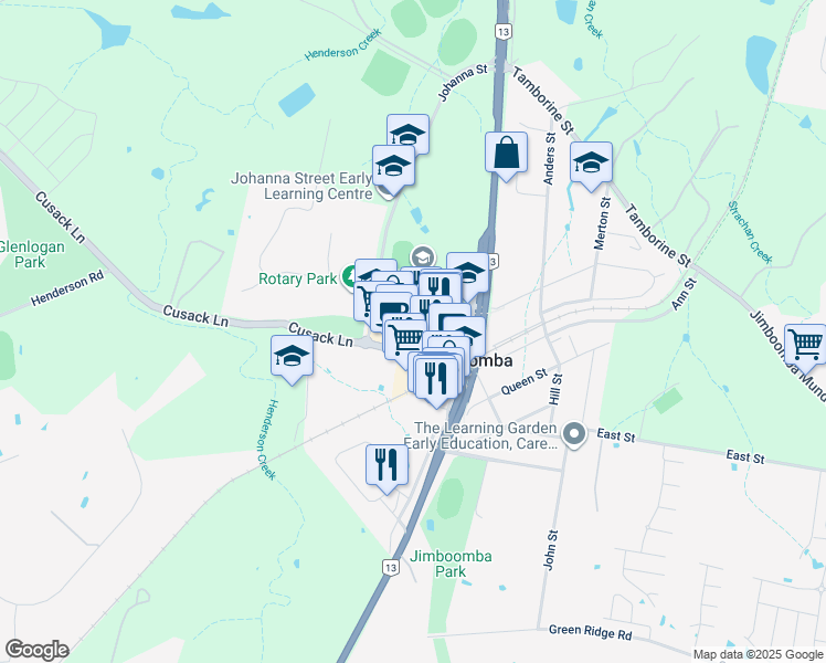 map of restaurants, bars, coffee shops, grocery stores, and more near 109-115 Brisbane Street in Jimboomba