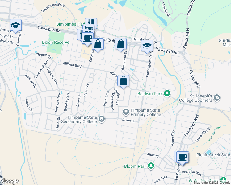 map of restaurants, bars, coffee shops, grocery stores, and more near 28 Avondale Drive in Pimpama