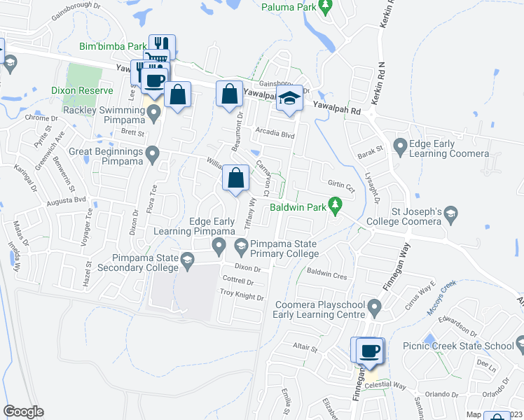 map of restaurants, bars, coffee shops, grocery stores, and more near 14 Hillsborough Place in Pimpama