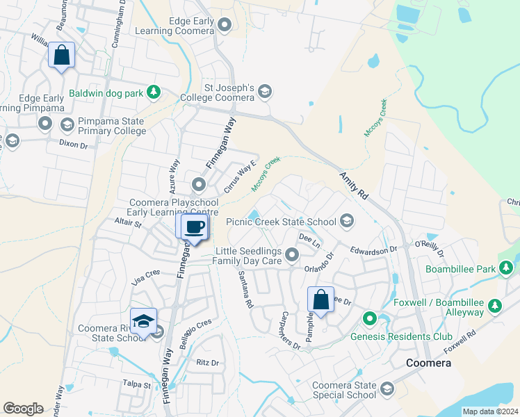 map of restaurants, bars, coffee shops, grocery stores, and more near 57 Apple Berry Avenue in Coomera