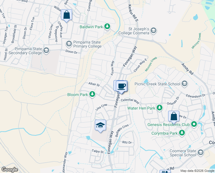 map of restaurants, bars, coffee shops, grocery stores, and more near 6 Cielo Lane in Coomera