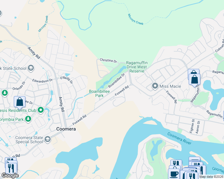 map of restaurants, bars, coffee shops, grocery stores, and more near 10 Icefire Lane in Coomera