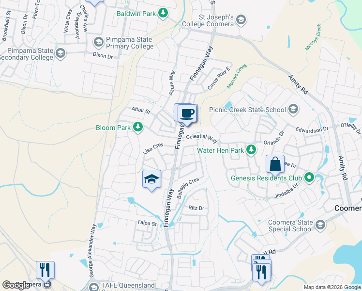 map of restaurants, bars, coffee shops, grocery stores, and more near 32 Silver Gull Street in Coomera