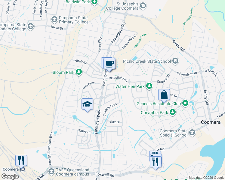 map of restaurants, bars, coffee shops, grocery stores, and more near 13 Heron Close in Coomera