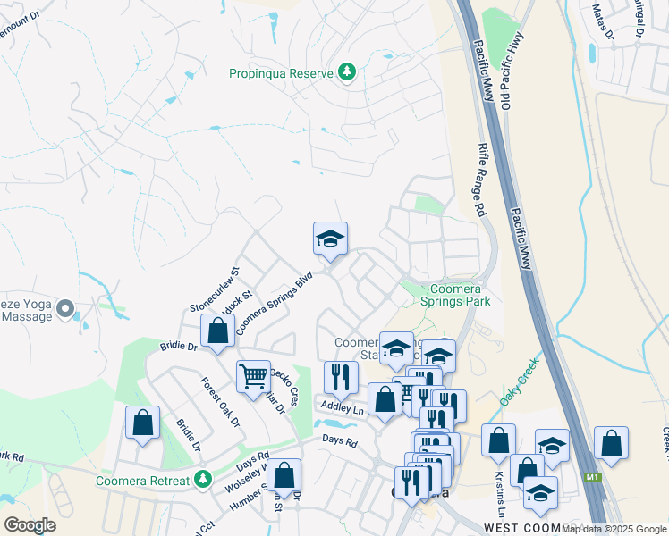 map of restaurants, bars, coffee shops, grocery stores, and more near Coomera Springs Boulevard in Upper Coomera