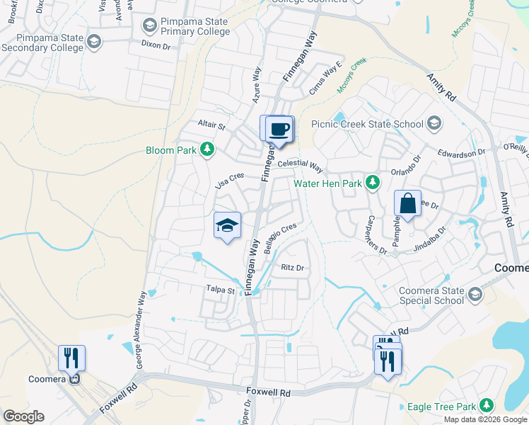 map of restaurants, bars, coffee shops, grocery stores, and more near 1 Moorhen Street in Coomera