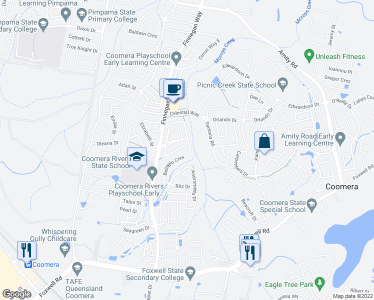 map of restaurants, bars, coffee shops, grocery stores, and more near 37 Park Esplanade in Coomera
