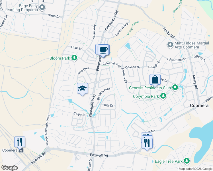map of restaurants, bars, coffee shops, grocery stores, and more near 35 Moorhen Street in Coomera